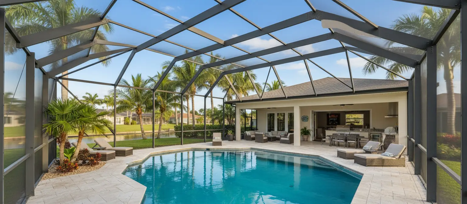 Hero-bg A magnificent screened pool enclosure lanai in a luxury Cape Coral Florida backyard, showcasing architectural screen design detail.
